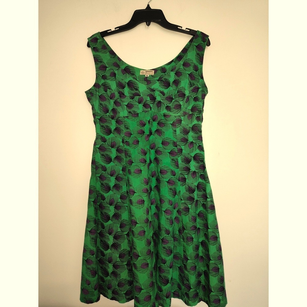Apsara Green Purple Floral Cotton Sun Dress Sleeveless A-Line Fit Flare Womens M